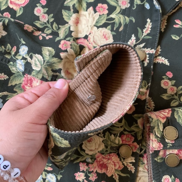 Vintage 90s Lauren Ralph Lauren Green Floral Jacket with Brown Corduroy Collar - Picture 8 of 11